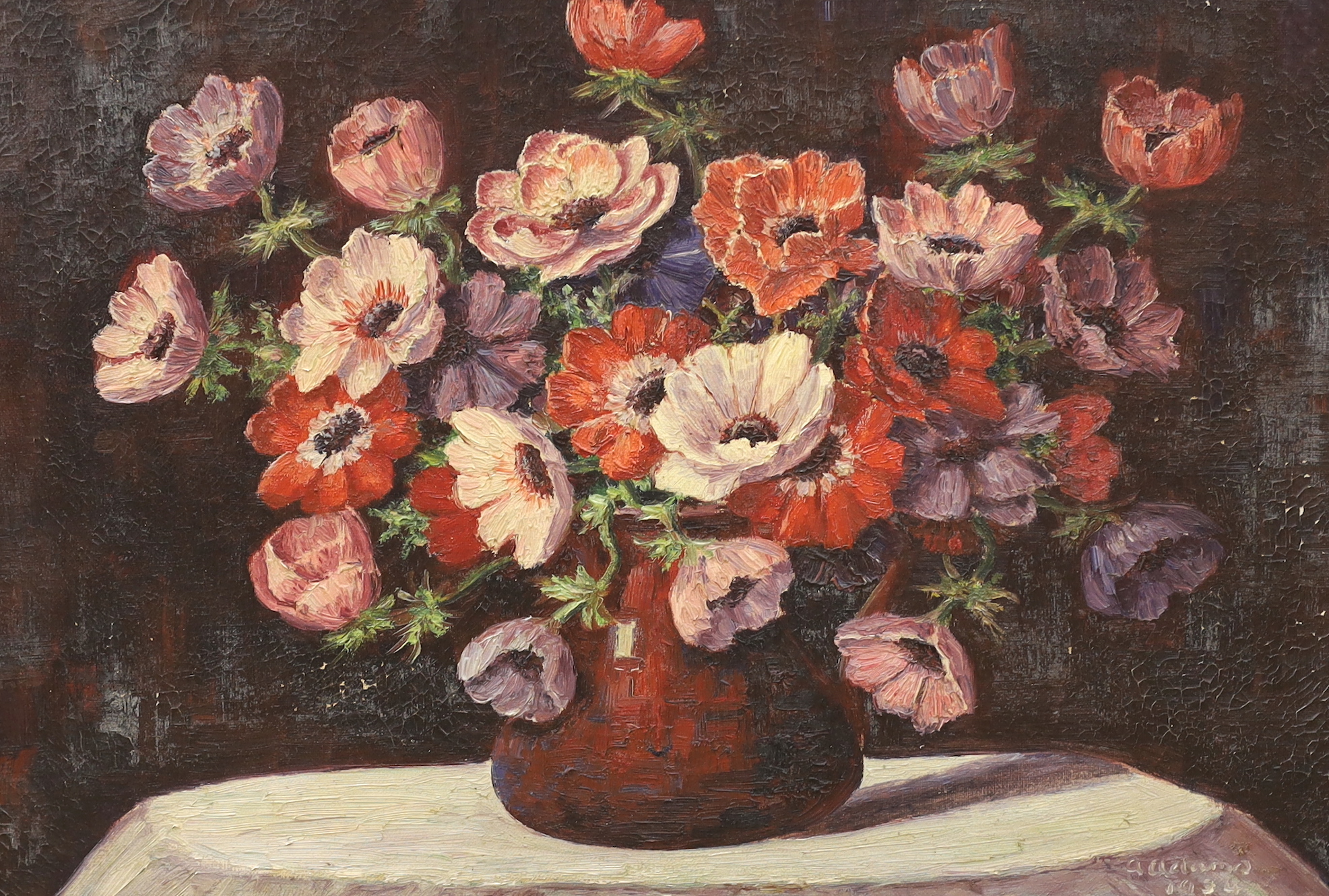 A. Adams, oil on canvas, Still life of anemones, signed, label verso, 34 x 49cm